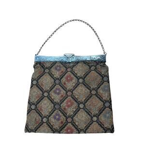 Antique 1920s Tapestry Evening Bag Metal Frame Chain Handle Art Deco Purse -
